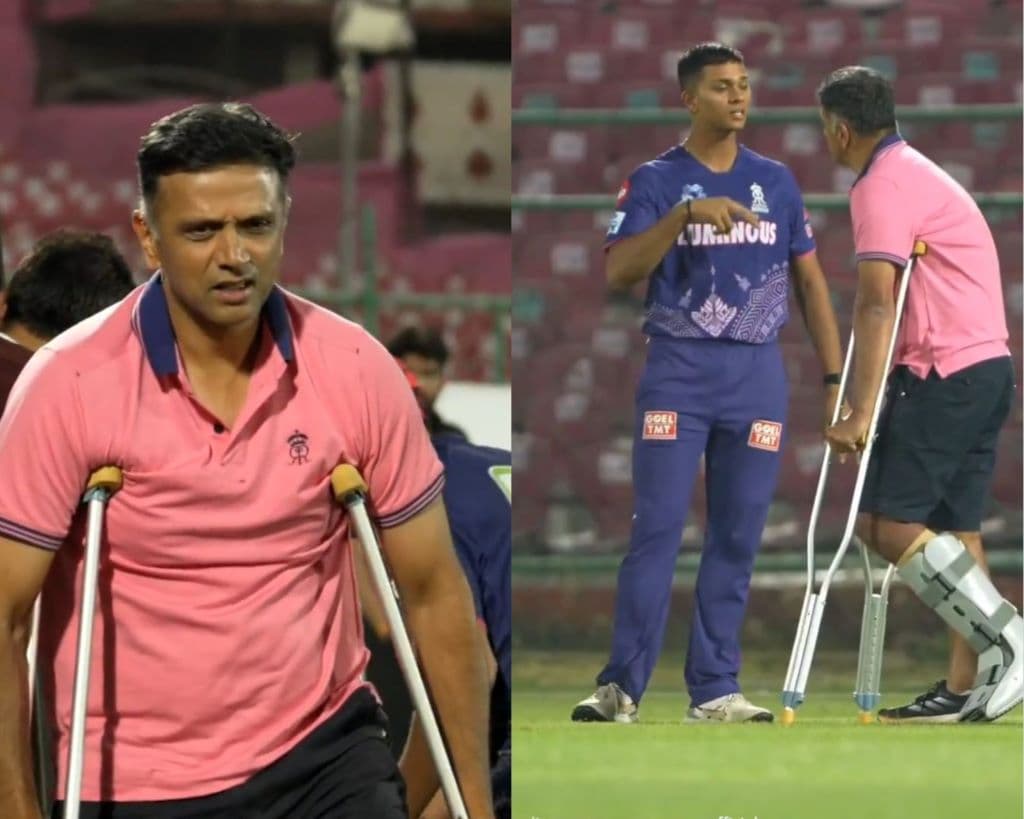 IPL 2025: Injured Coach Dravid Arrives at Rajasthan Royals Training Camp on Crutches