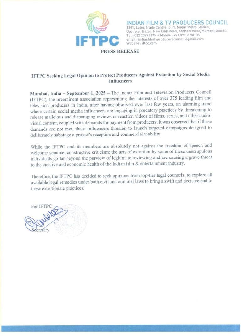 IFTPC Raises Concern Against Extortion by Social Media Influencers, Seeks Legal Opinion