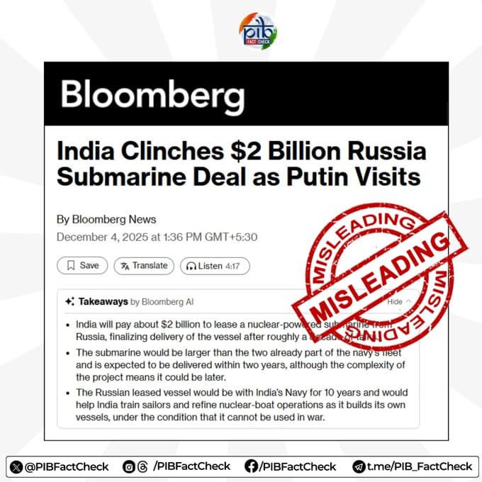 Centre Denies Report Claiming India Signed $2 Billion Nuclear Submarine Lease with Russia