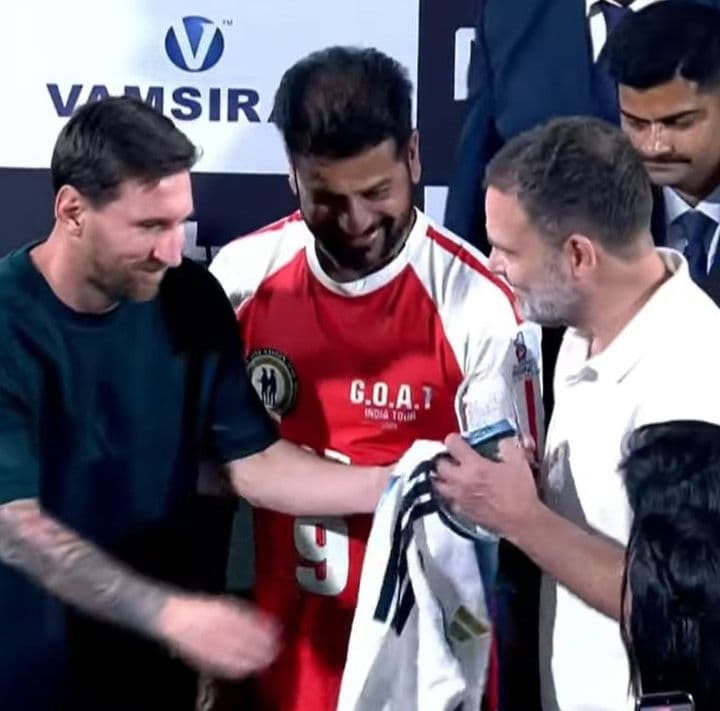Rahul Gandhi Meets Lionel Messi in Hyderabad, Receives Iconic GOATED No. 10 Jersey