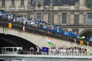 Indian contingent in the parade of nations at Paris Olympic Opening Ceremony