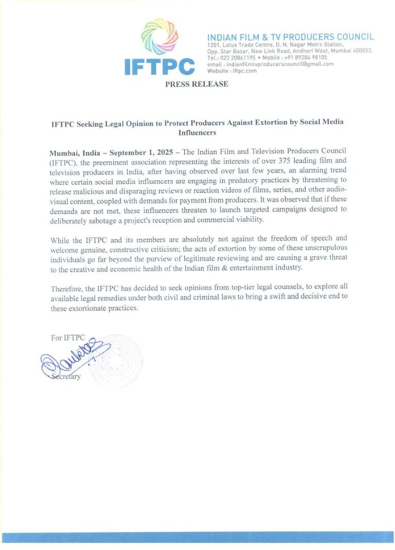 IFTPC Raises Concern Against Extortion by Social Media Influencers, Seeks Legal Opinion